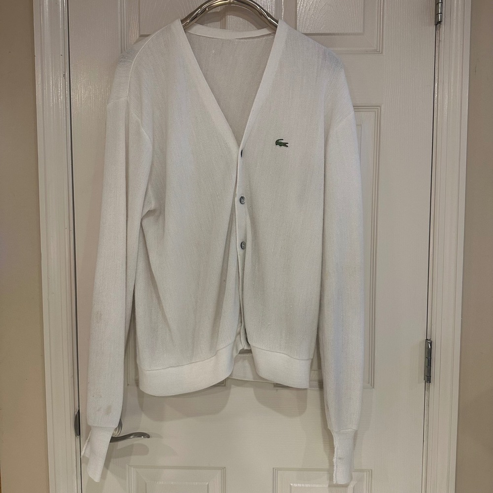 Lacoste Mens White V-Neck Button Front Cardigan Sweater Logo Knit